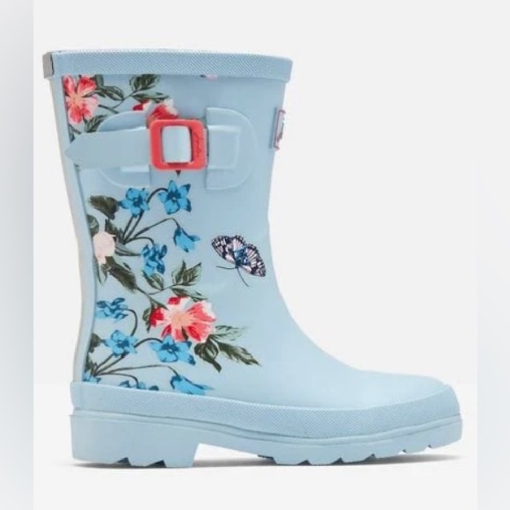 Joules Light Blue Floral Kids Rain Boots with Coral Buckle